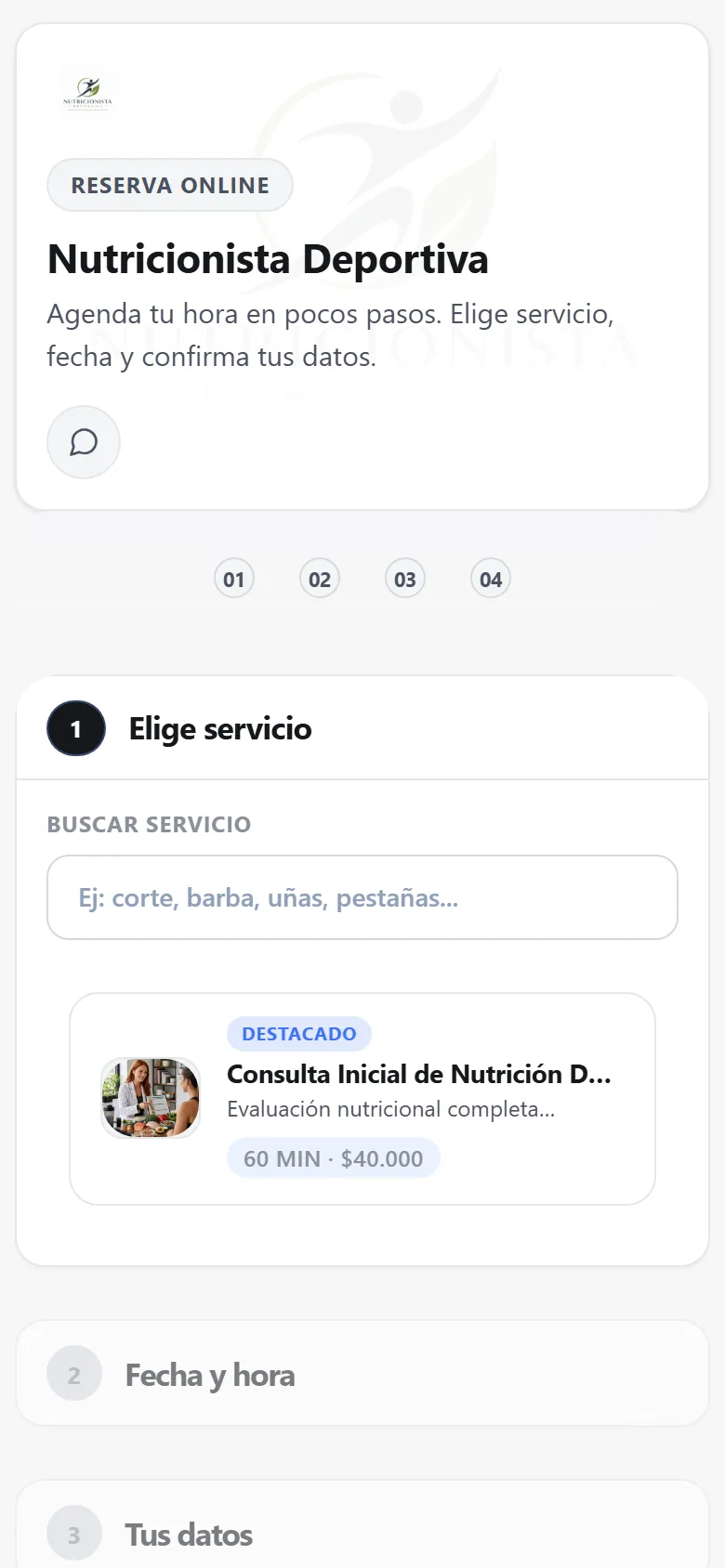 Captura de la agenda demo de Nutricionista Deportiva