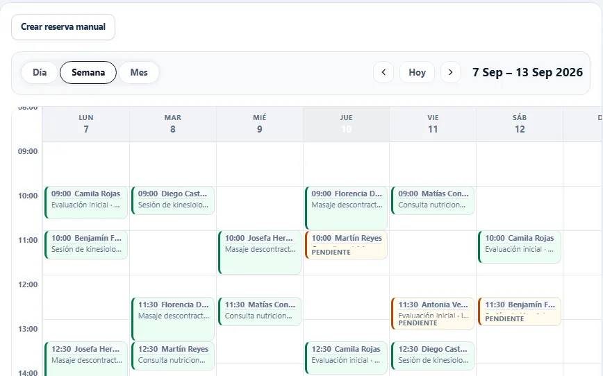 Agenda de reservas en el Portal Negocio con datos de demostración