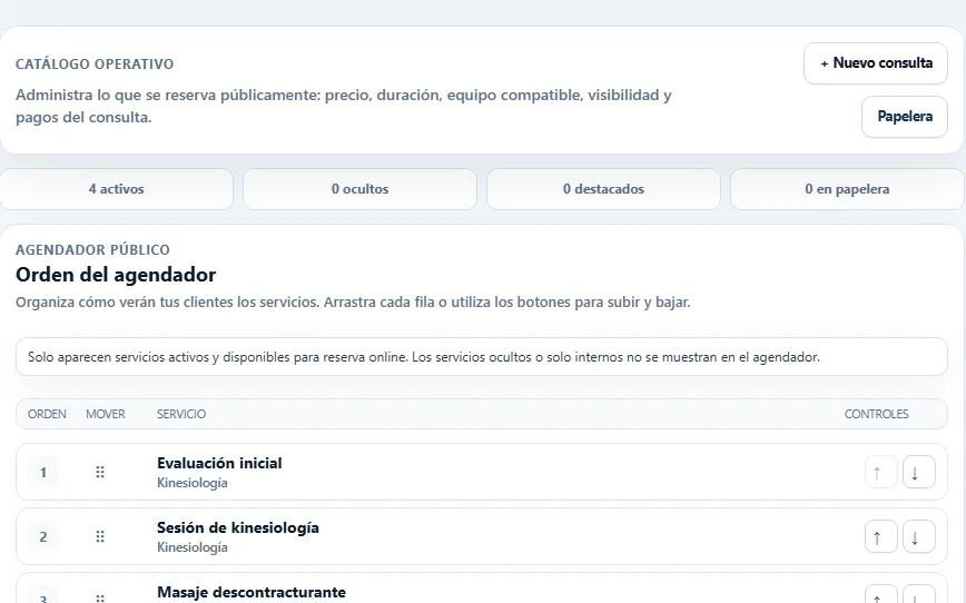 Servicios configurados en el Portal Negocio con datos de demostración
